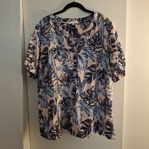 Coral Bay Women's Linen Leaf Print Blue and Pink Top With Ruffle Sleeves